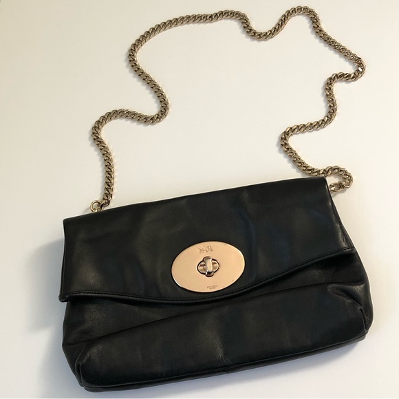 Coach Handbags - Coach Turnlock Foldover Gold Chain Black Leather Clutch/Shoulder Bag 33568